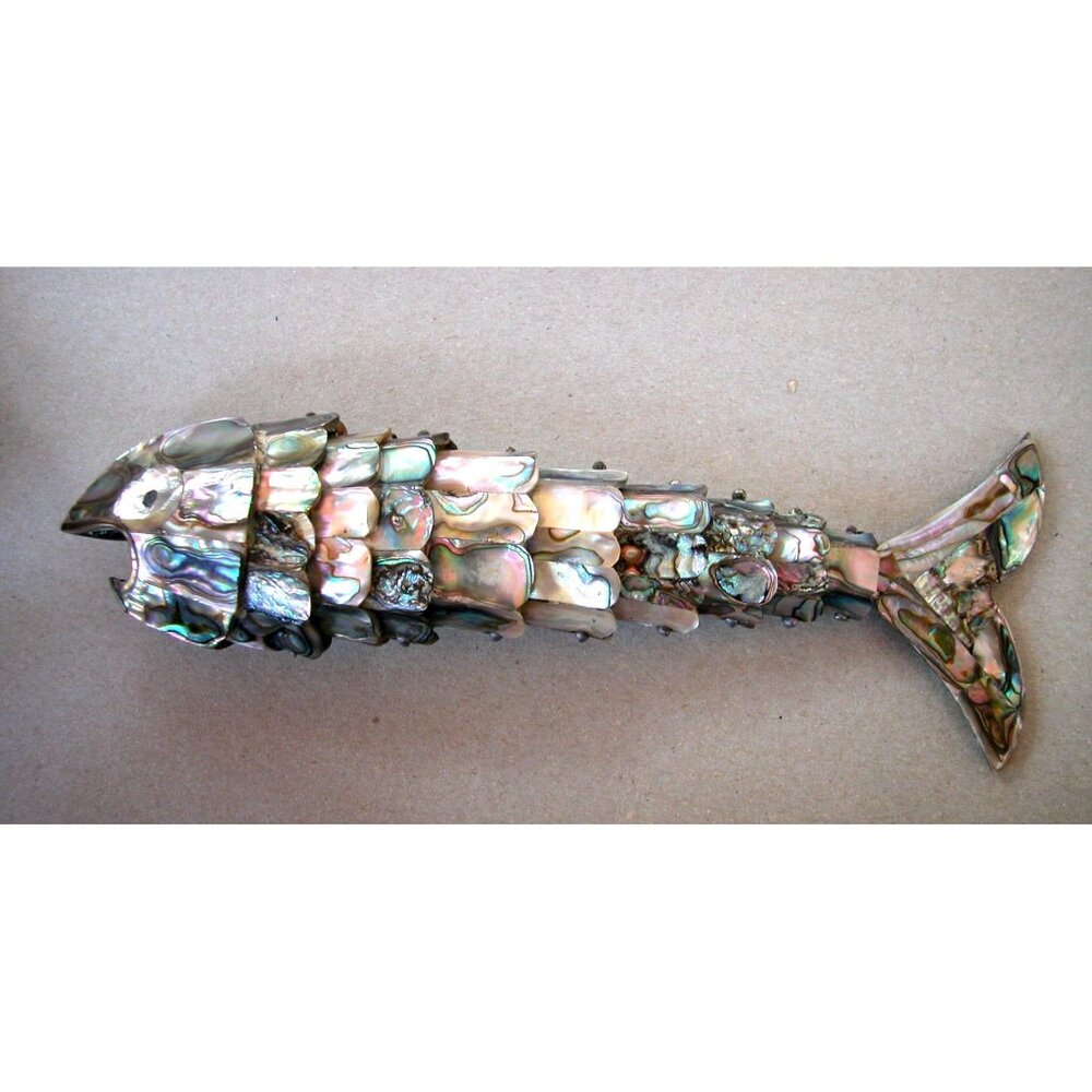 RARE MEX Whimsical Silverplate Abalone Articulated Fish Motif Bottle Opener 8"